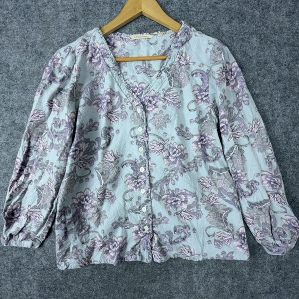 Soft Surroundings Button Down Top Womens Medium Blue Floral Ruffle Blouse Cotton